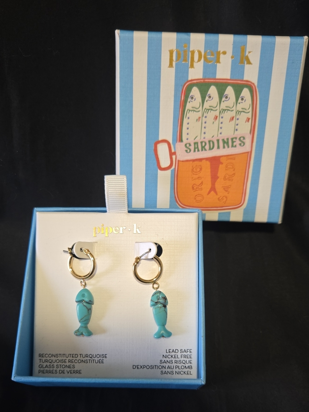 Piper•k Gold Hoop Earrings with Turquoise Fish Charms